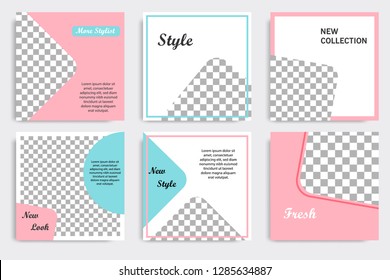 Set of editable social media post template in white, red, pink, turquoise blue background. Vector.