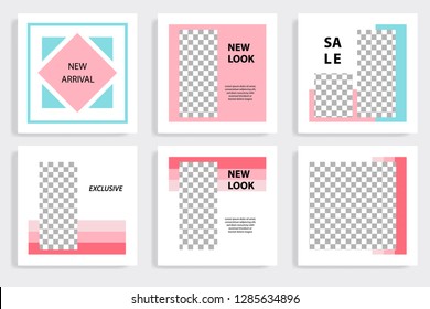 Set of editable social media post template in white, red, pink, turquoise blue background. Vector.