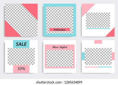 Set of editable social media post template in white, red, pink, turquoise blue background. Vector.