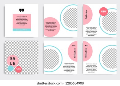 Set of editable social media post template in white, red, pink, turquoise blue background. Vector 