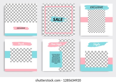 Set of editable social media post template in white, red, pink, turquoise blue background. Vector.
