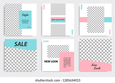 Set of editable social media post template in white, red, pink, turquoise blue background. Vector.