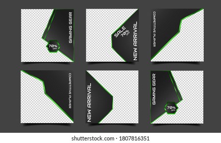 Set of editable social media post template gaming theme. Creative post template with black background and striped green. With photo college. Perfect for social media post and web internet ads