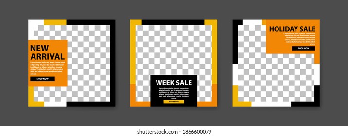 Set of Editable Social media post templates. Black and yellow background color with stripe line shape. fashion advertising. Offer social media banners. vector photo frame mockup illustration