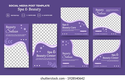 Set of Editable social media post template for spa and beauty. Purple background with flowers ornament. Vector illustration with photo collage. Suitable for social media feed, story, flyers, and web.