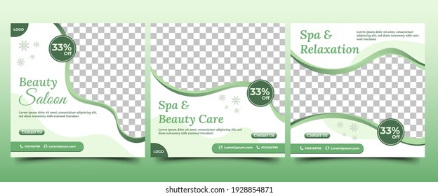 Conjunto de plantillas editables de publicaciones en medios sociales para spa y belleza. Decoración de color verde con decoración floral. Ilustración vectorial con collage fotográfico. Usable para medios sociales, volantes y anuncios web.