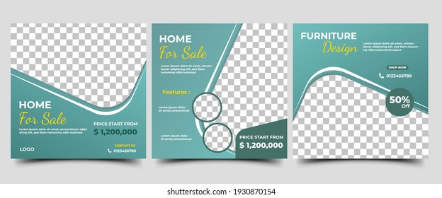 Set Of Editable Social Media Post Template For Real Estate, Home Sale, Or Furniture Sale. Vector Design With A Place For Photo. Suitable For Social Media Ads, Flyers, Sign, Banners, And Web Ads.