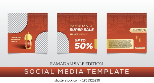 Set of editable social media post templates for Ramadan sale with 3D lantern. Islamic social media banner for digital marketing. Vector