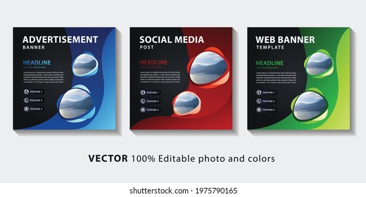 Set of editable social media post banners with with place for photos. Square web banners collection template for digital marketing and advertising