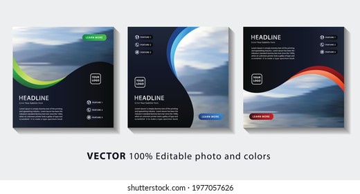 Set of editable social media post banners. Square web banners template collection with red, green, blue color waves artwork for digital marketing and advertising