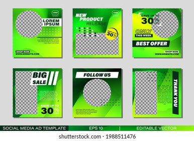 Set of Editable social media post template. Green gradient Social Media Banner Template Collection. Suitable for social media posts and web internet ads. Vector illustration with photo collage
