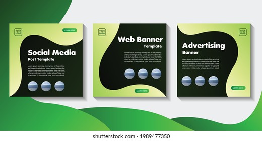 Set of editable social media post template. Modern square banners with green color waves design. For web banners and internet ads. colorful vector illustration with photo and text