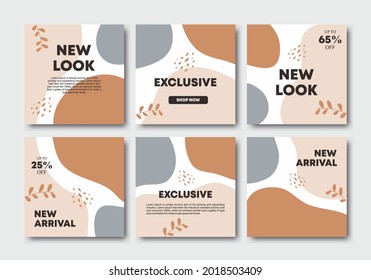 Conjunto de plantillas editables de publicaciones en medios sociales con un lugar para la foto en abstractos fondos de colores pastel con elementos florales. Diseño de fuentes de rompecabezas cuadradas para paquetes de publicaciones en redes sociales