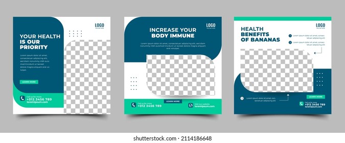 Set of Editable social media post design template for health care. Usable for social media post, banner, and web ad.