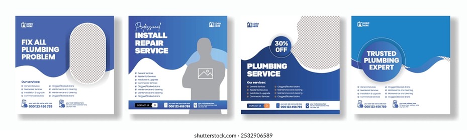 Set of Editable social media post banner ads template for professional plumbing service square flyer or poster bundle design, promotional advertising for social media marketing template pack