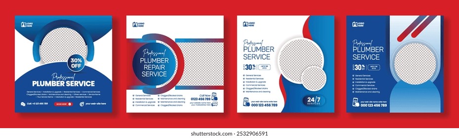 Set of Editable social media post banner ads template for professional plumbing service square flyer or poster bundle design, promotional advertising for social media marketing template pack