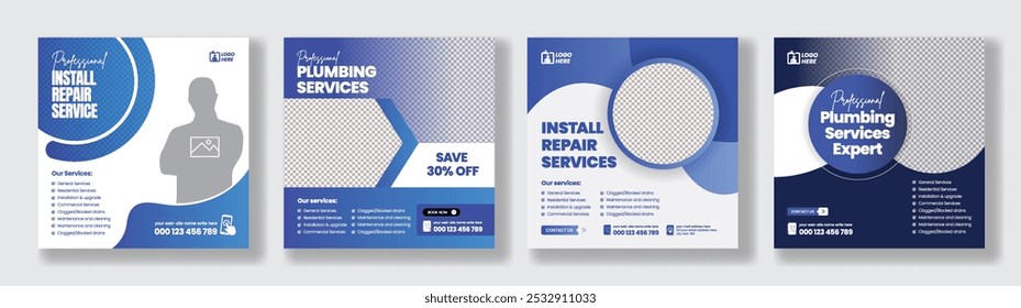 Set of Editable social media posts banner ads template for Plumbing service promotional social media banner layout, social media promo ads bundle, corporate business marketing social media posts
