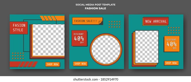 Set of editable social media square banner template. Retro style of banner with photo collage. Usable for promo and feed content in social media, banner and internet ads.