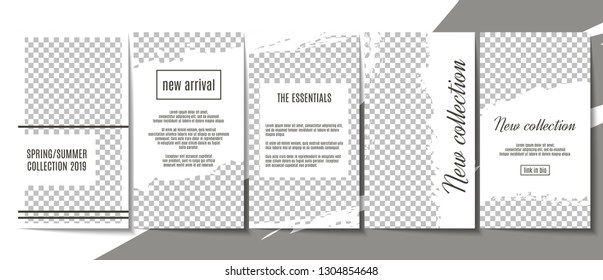 Set of editable social media stories templates. Simple minimalistic brush mark and paper design. Monochrome colors. Stock vector