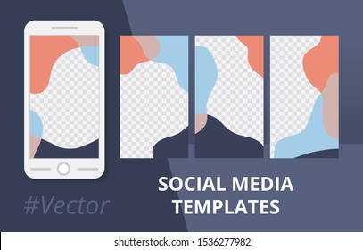 Set of editable social media stories templates with colorful wave splash. Modern vertical background for social networks stories. Trendy minimalist design. Geometric frame. Vector illustration