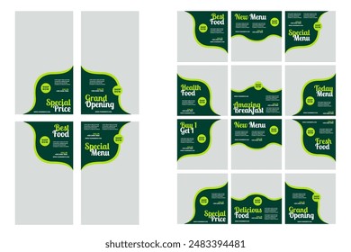  Set of editable social media stories food design vector template green healthy food menu for restaurant business eps 10