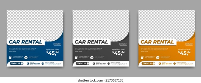 Conjunto de plantillas de medios sociales editables para promoción de alquiler de coches. Vector de diseño plano con lugar para la foto. Usable para medios sociales, historias y anuncios de internet.