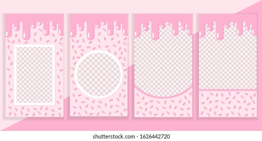 Set of editable social network stories template. Pink candy background.