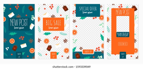 Set of Editable social template for Stories and Streaming. Winter fashion card with frame on transparent background. Background with isolated elements for social, web design. Vector Illustration