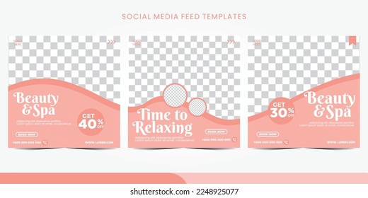 Set of Editable spa and beauty square banner social media template design. Spa, beauty, and massage social media post. Flat design vector with a photo collage. 