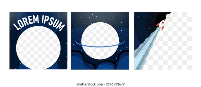 Set of editable space and sci-fi themed square banner templates in deep space background. For social media post, poster, web, digital, internet ads. Vector illustration. Isolated on white background
