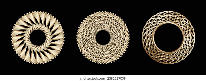Set of editable spiral line flowing from the center, an abstract geometric circular flower shapes. Trendy design element suits frames, round logos, signs, symbols, web graphics, and prints.	