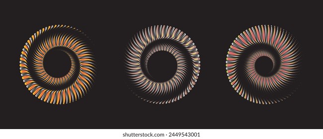 Set of editable spiral line flowing from the center, an abstract geometric circular flower shapes. Trendy design element suits frames, round logos, signs, symbols, web graphics, and prints.	