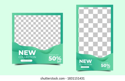 Set of editable square background. Modern post template design with green color and photo collage. Perfect for social media post, story and web internet ads.