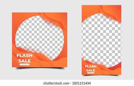 Set Of Editable Square Background. Modern Post Template Design With Orange Color And Photo Collage. Perfect For Social Media Post, Story And Web Internet Ads.