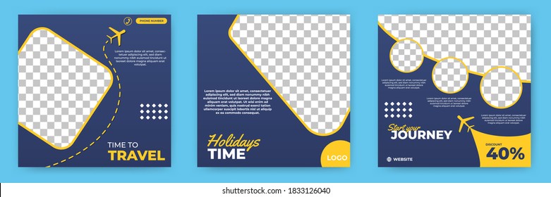 Set of editable square background. Modern social media post template with travel theme. Usable for social media post, branding, story and web internet ads.
