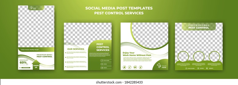 Set of editable square background template. Pest control social media post template. Green color background with photo collage. Usable for social media post, story and web internet ads.