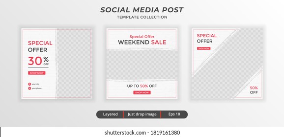 Set of editable square banner abstract template. red and white background color. Suitable for social media post and web internet ads.