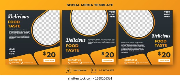 Set of the editable square banner design. Food social media post template. Black background with orange shape. Usable for social media, and web internet ads. Flat design vector with a photo collage.