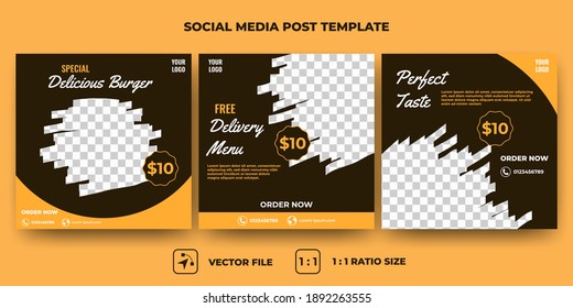 Set of Editable square banner design. Food social media post template. Black background with orange shape. Usable for social media, banner, and web internet ads. Flat design vector with photo collage