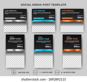 Set of Editable square banner design. Car rental banner with metallic silver, orange, and blue frame color. Flat design vector with a photo collage. Usable for social media feed, stories, and banners.