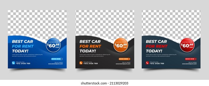 Set of Editable square banner design template for car rental promotion. Modern background with place for the photo. Usable for social media post, banner, story, and web ad.