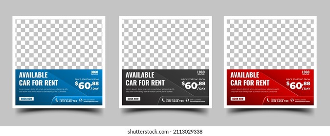 Conjunto de plantillas de diseño de banner cuadrado editable para promoción de alquiler de coches. Fondo moderno con lugar para la foto. Usable para publicaciones en medios sociales, banner, historia y anuncios web.