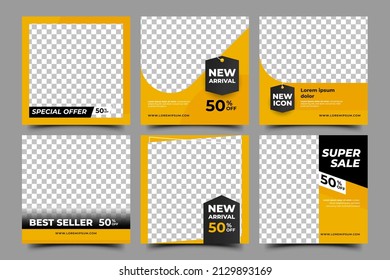 Set of Editable square banner design template. Yellow background with black shape and place for the photo. Usable for social media post, card, banner, and web.