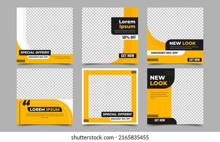 Set of Editable square banner design template. Yellow background with place for the photo. Usable for social media post, and web ads.