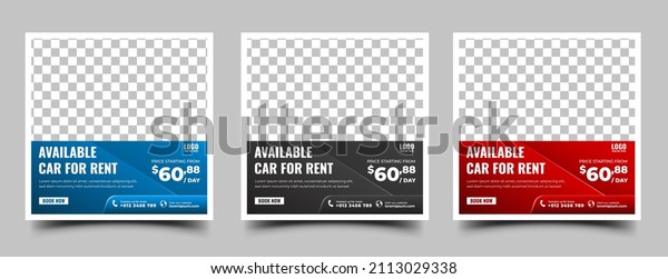 Set of Editable square\
banner design template for car rental promotion. Modern background\
with place for the photo. Usable for social media post, banner,\
story, and web ad.