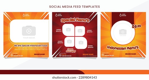 Set of Editable square banner feed template design for food post on social media. Suitable for Social Media Post restaurant and culinary digital Promotion.eps10.