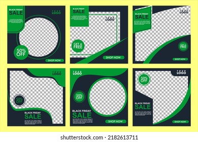 Set Editable square banner layout template - abstract, minimal, modern design background in green and black color. Suitable for social media post, stories, story, flyer. Vector illustration