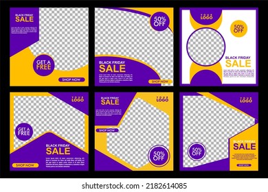 Set Editable square banner layout template - abstract, minimal, modern design background in yellow and purple color. Suitable for social media post, stories, story, flyer. Vector illustration