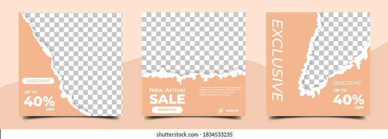 Set of editable square banner with soft color. Post template with torn paper decoration and photo collage. Perfect for social media post, story and web internet ads.