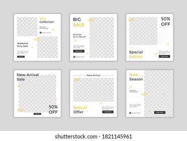 Set of Editable square banner template for ad. White and yellow background color. Suitable for social media post for promotion.